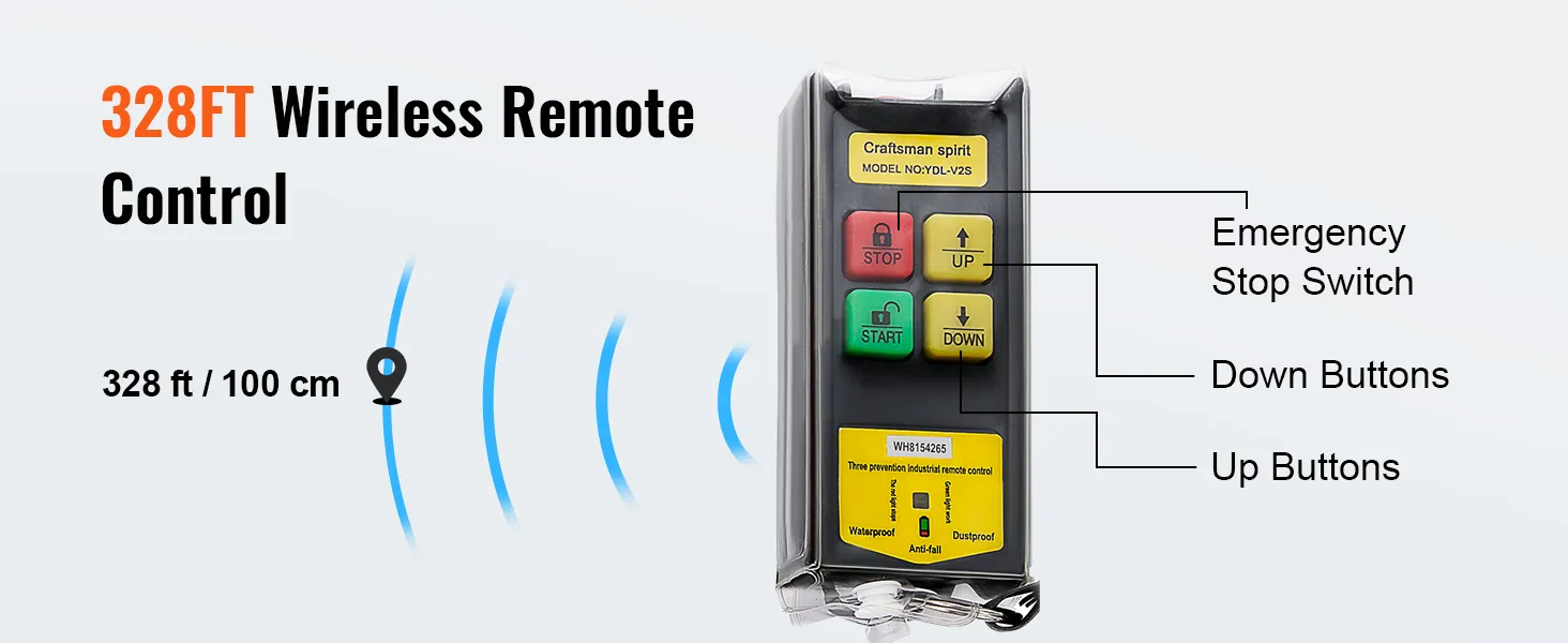 VEVOR 2200 lbs wireless attic lift remote control with 328ft range, featuring emergency stop, up, and down buttons.