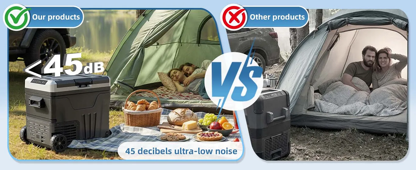 The EUHOMY 12V car refrigerator (24/37/53 quarts/23 liters/35 liters/50 liters) supports 12V/24V DC and 110-240V AC. Portable design, temperature range -4&deg;F to 68&deg;F, equipped with wheels, two storage baskets, and a large-capacity cooling compartment. Ideal for RVs, travel, trucks, and boats.