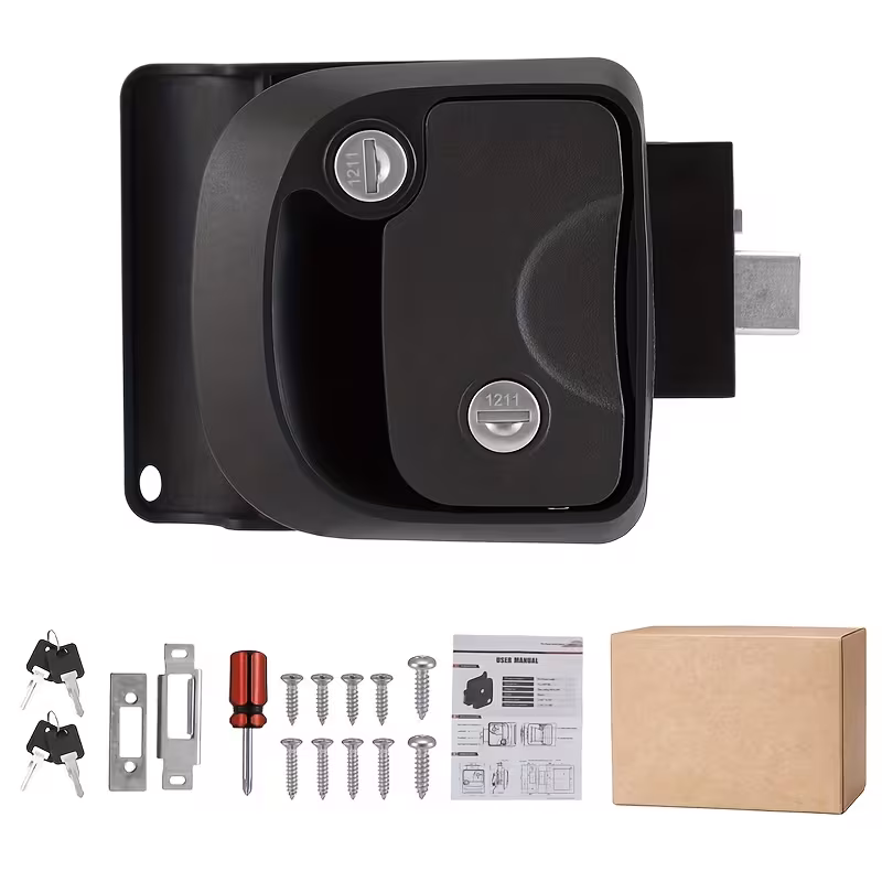 rv door lock replacement black rv door   with paddle deadbolt black nylon material rv door lock with 4 keys for cargo   travel trailer Product details 0