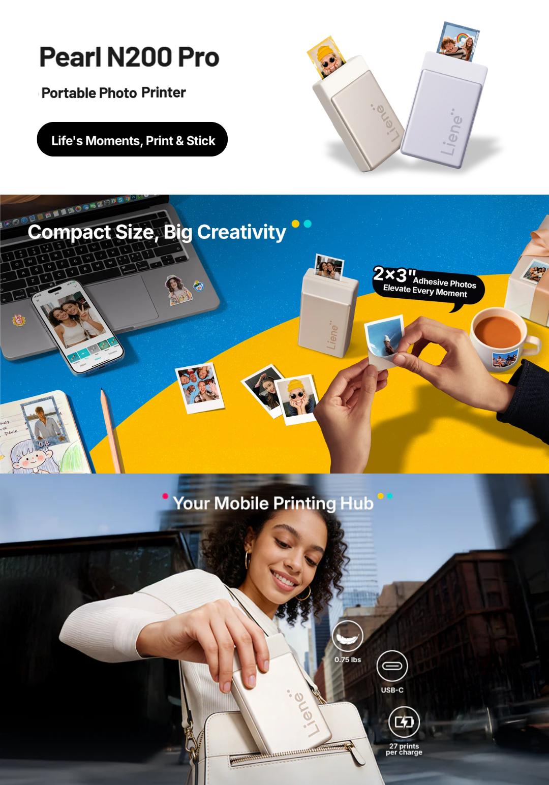 Liene Pearl N200 Pro Portable Photo Printer, Instant Mini Picture Printer for iPhone Smartphone, Thermal Dye Sublimation, Bluetooth Sticker Printer 50 Sheets 2x3 Adhesive Paper & 5 Cartridges, outdoor fun, SummerVibes, DealsForYouDays