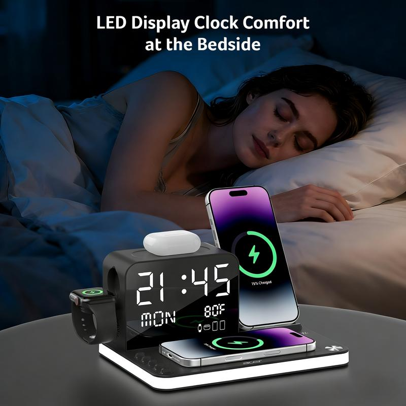 Acer 7-in-1 Wireless Charging Station with Alarm Clock & Bluetooth Time Sync, 15W Fast MagSafe Magnetic Charging Stand for iPhone, Apple Watch, AirPods, Bedside Night Light Dock for Android, Gift