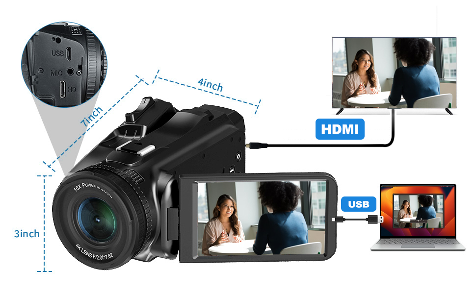 Camcorder dimensions with HDMI and USB connection ports shown for easy device compatibility.