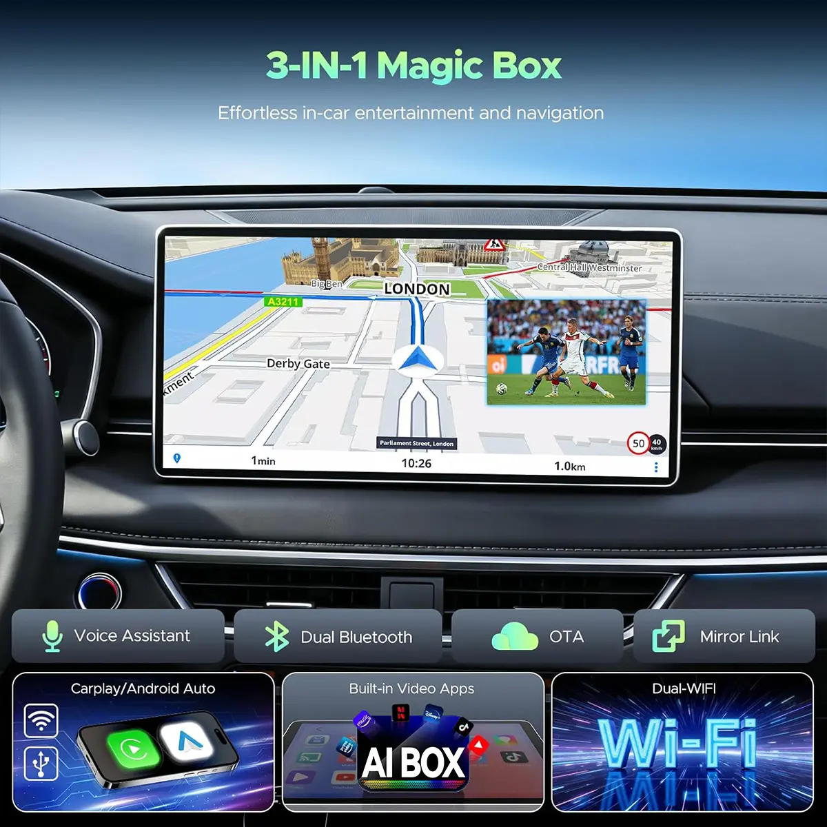 (MAKASRI AIBOX-AIR) 4-in-1 Wireless CarPlay & Android Auto Adapter Compatible with Netflix YouTube TikTok Screen Mirror Link & Play for OEM Wired CarPlay Cars