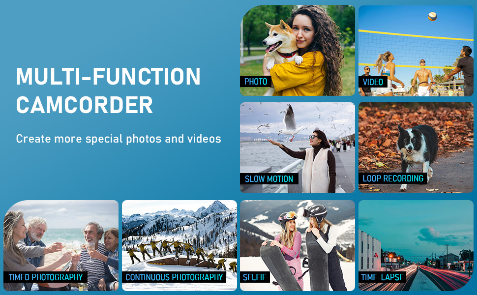 Camcorder displaying 5 shooting modes: slow motion, time lapse, video pause, charge mode