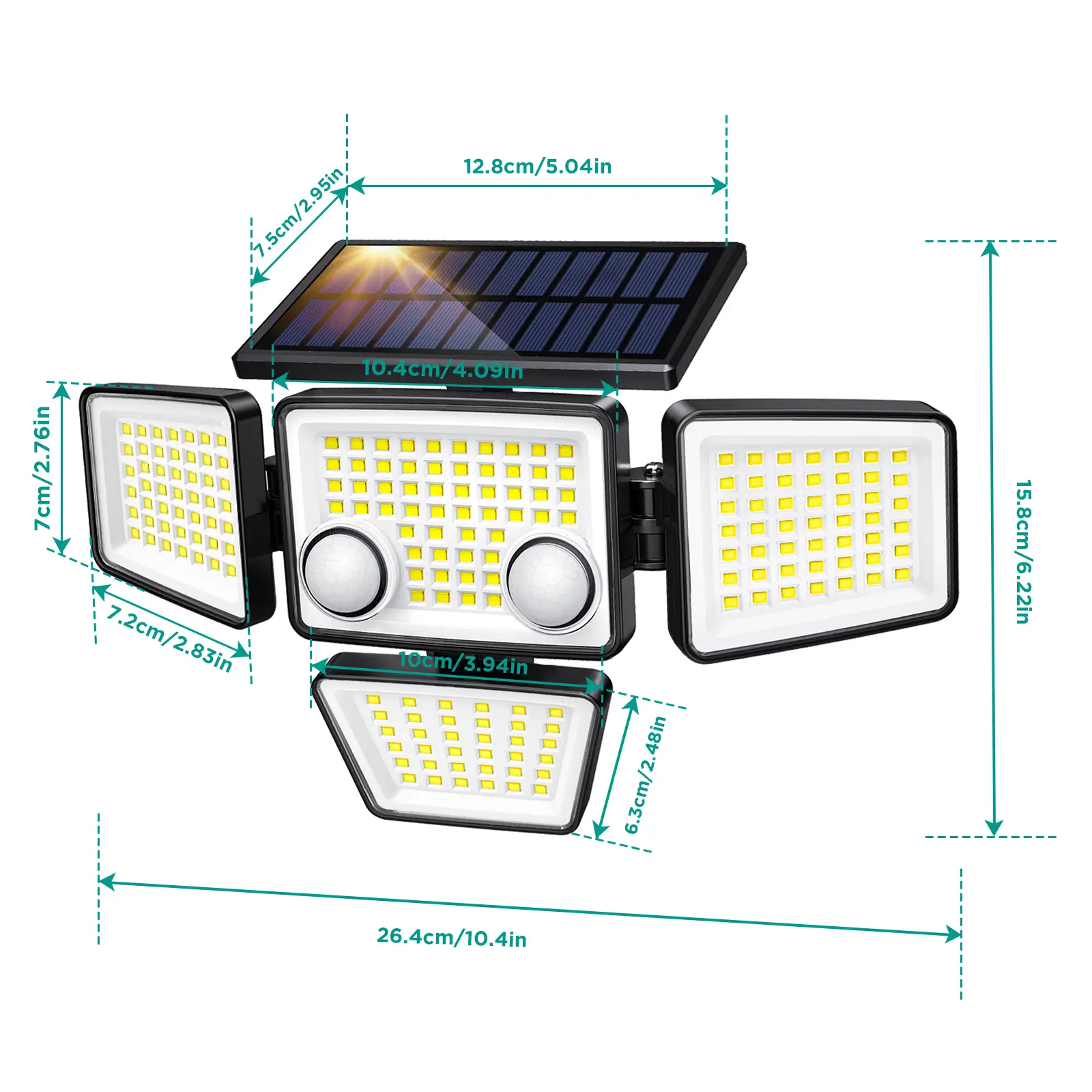 Solar Motion Sensor Lights-4 Heads 3000LM, IP65 Waterproof, 270°Wide Angle Lighting Security Light for Yard, Garage, Porch, Pool,Garden,Barn,Patio