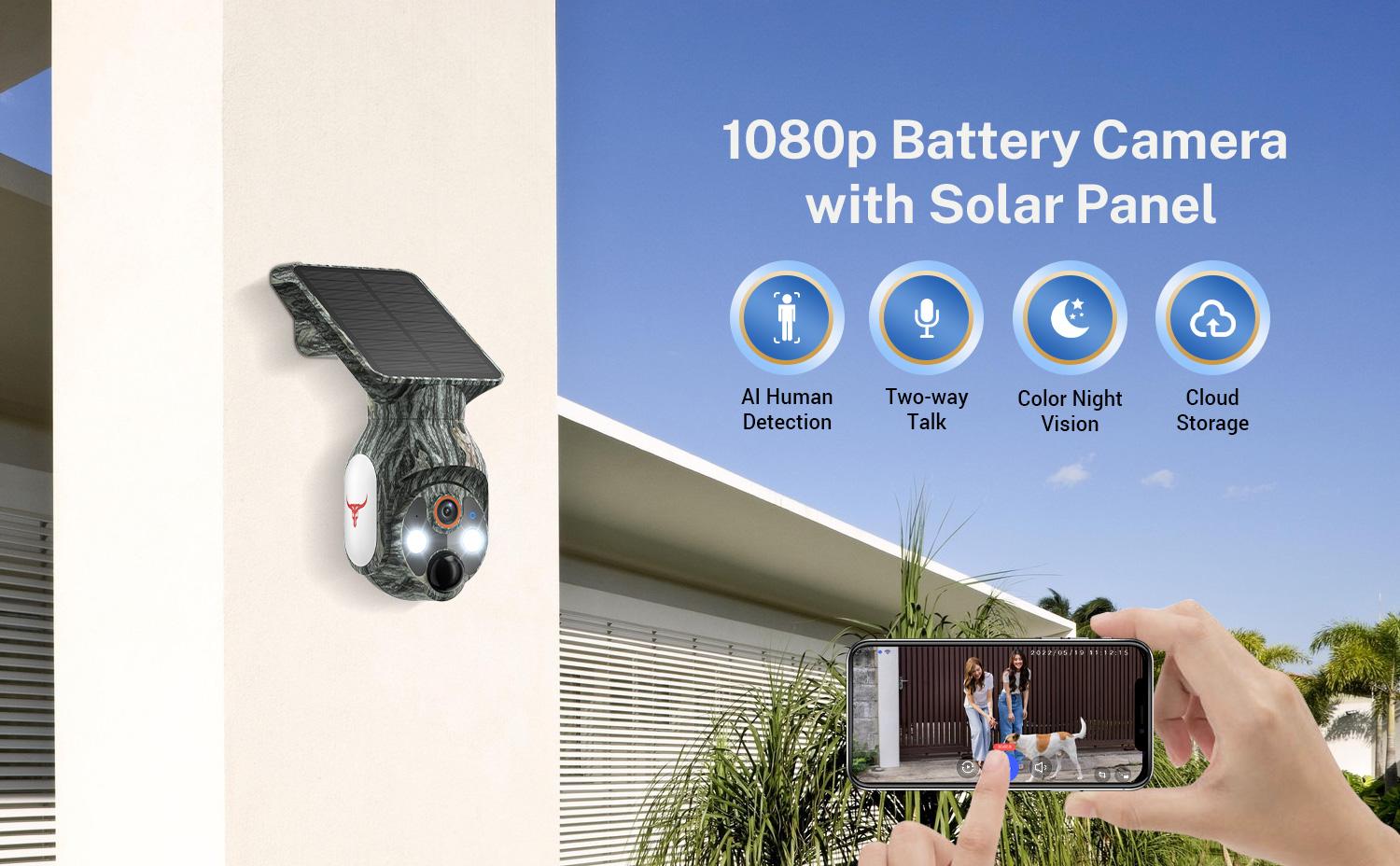 1080p WiFi Security Camera with Solar Panel, Wireless Outdoor, Camera for Home Security, Battery Powered, Pan Tilt, AI Motion Detection, Night Vision, 2-Way Talk, IP65, Cloud Storage, Human Detection, 2.4GHz Only
