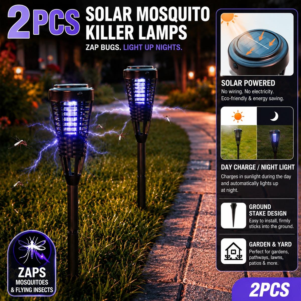 2PCS Solar Bug Zapper Outdoor, Waterproof Mosquito Killer Lamp,Rattan Style Decorative Design, LED Garden Stake Light with Purple Zapping, Auto On/Off, Mosquito Trap to Repel Gnat Small Flying Insect, for Patio, Yard, Lawn, Garden, Porch and Camping