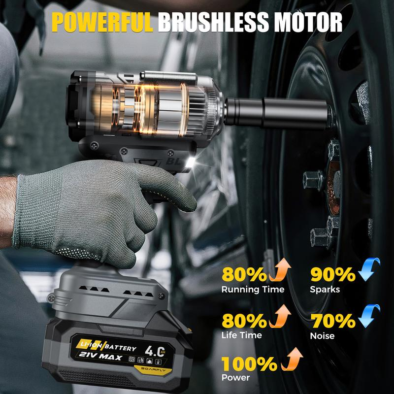 SOARFLY 21V Cordless Impact Wrench 1200Nm High Torque Brushless Impact Gun Kit with 2x 4.0Ah Li-ion Batteries, Fast Charger, 5 Sockets, 1/2" Extension Bar for Car, Truck, Heavy Duty Repair