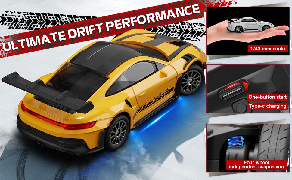 Mini Porsche 911 RC Car 1/43, Alloy 4WD Drift RC Vehicle with Gyro & LED Lights, 2.4G High Speed Remote Control Hobby Toy, ARRIS Version for Men Gift Rc Model Car Racing Car Model