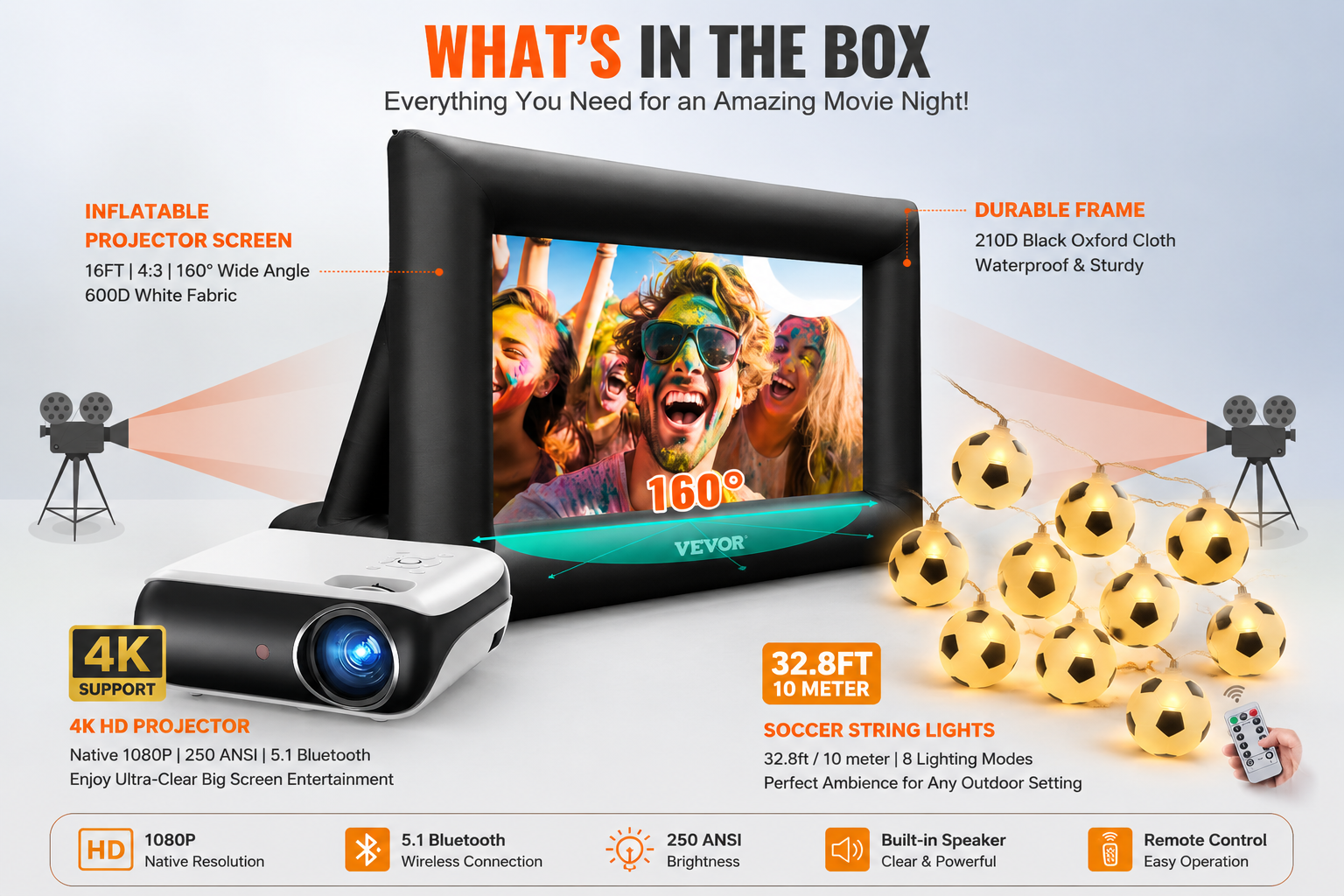 ⚽Word cup VEVOR Inflatable Projector Screen for Outdoor Use with 350W Air Blower and 4k Projector