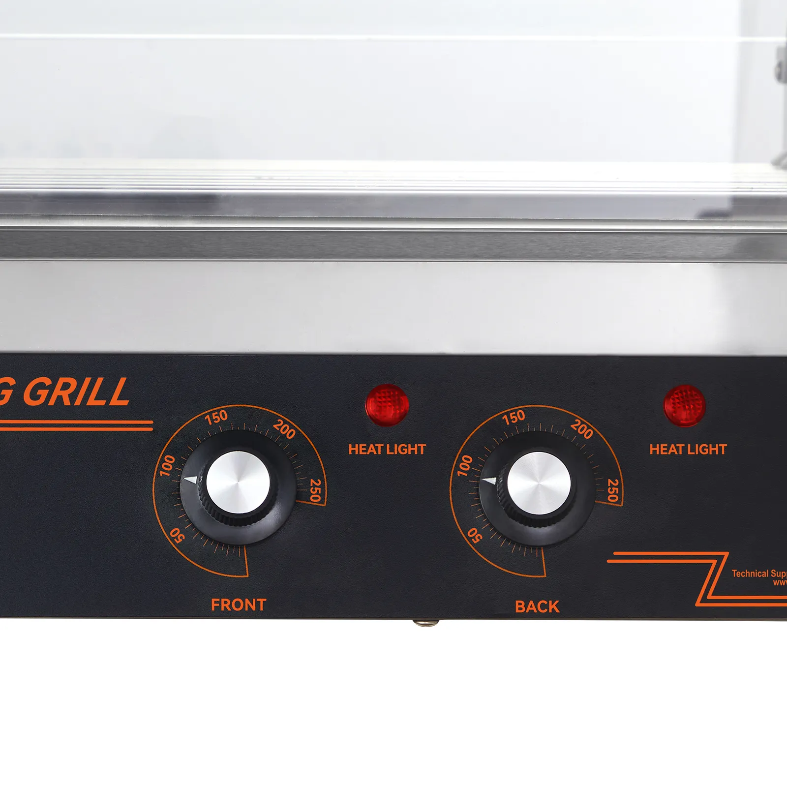 VEVOR hot dog roller control panel with front and back heat settings and indicator lights.