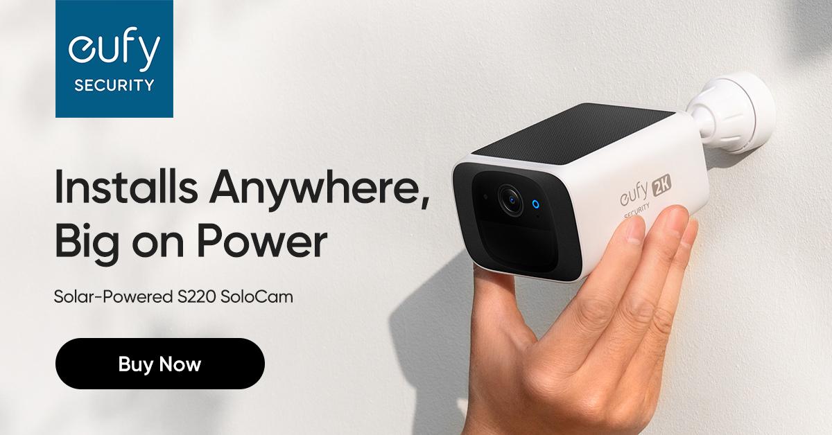 eufy SoloCam S220 Solar-Powered Wireless Outdoor Camera 2K Resolution 2.4 GHz Wi-Fi Continuous Power Day Night Vision AI Alerts Weather Resistant IP67 eufy SoloCam S220 Solar-Powered Wireless Outdoor Camera 2K Resolution 2.4 GHz Wi-Fi Continuous Power Day Night Vision AI Alerts Weather Resistant IP67