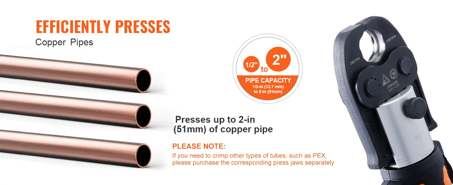 VEVOR pro press tool efficiently presses copper, stainless steel, and pex pipes up to 2 inches.