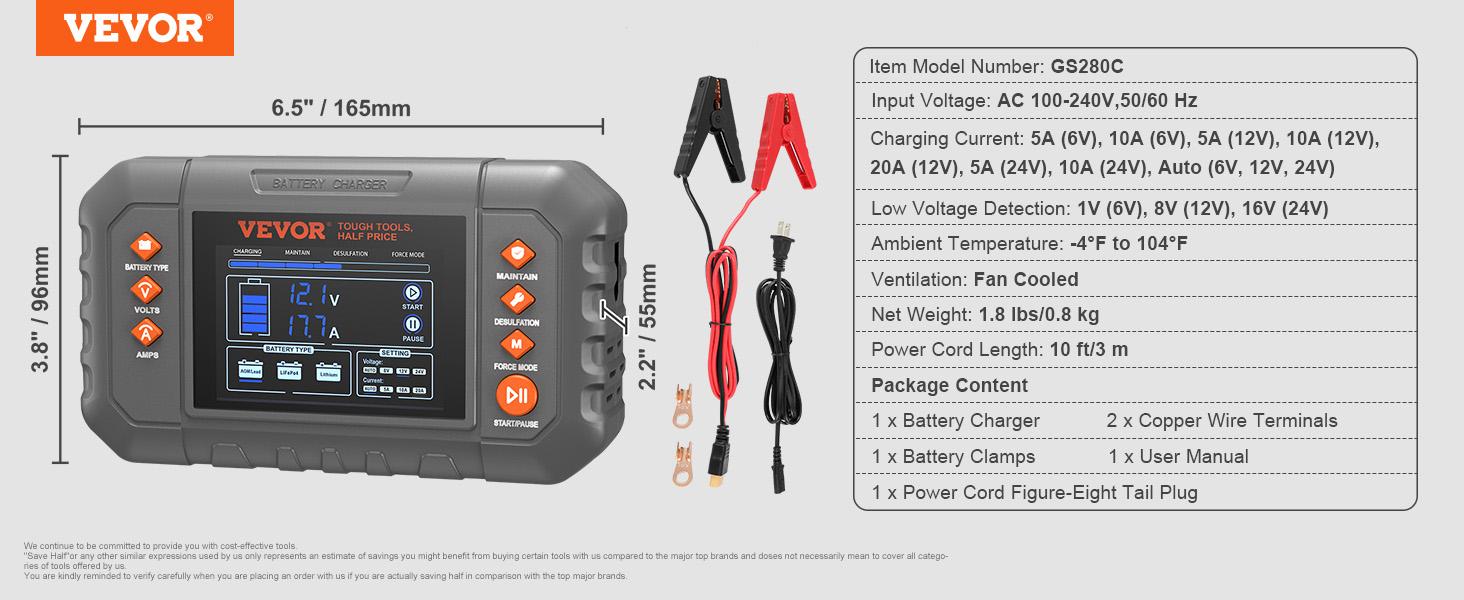 VEVOR Smart Battery Charger, Summervibes, Various specifications, Lithium LiFePO4 Lead-Acid (AGM / Gel / SLA) Car Battery Charger with LCD Display, Trickle Charger Maintainer Desulfator for Boat Motorcycle Lawn Mower Deep Cycle