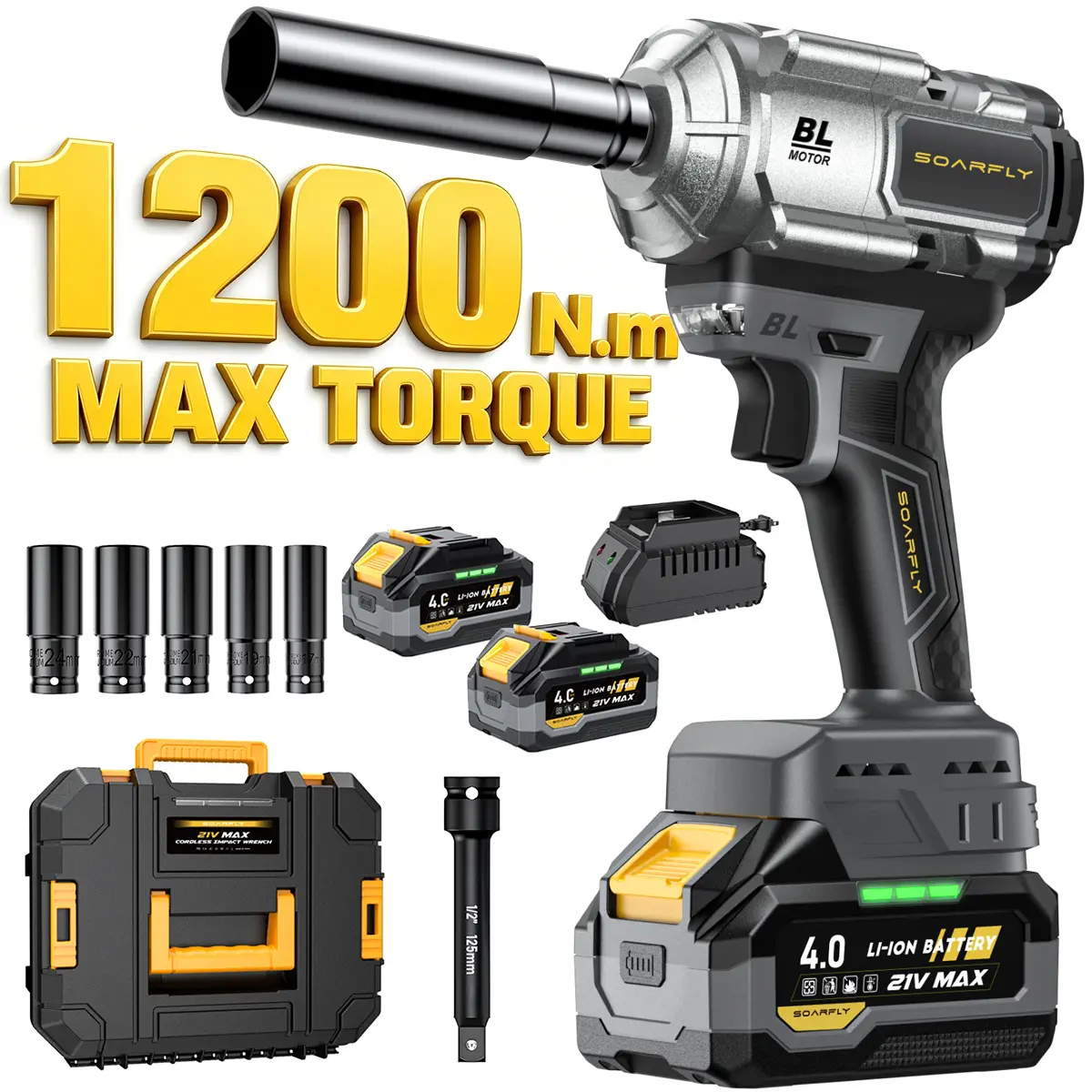 SOARFLY 21V Cordless Impact Wrench 1200Nm High Torque Brushless Impact Gun Kit with 2x 4.0Ah Li-ion Batteries, Fast Charger, 5 Sockets, 1/2" Extension Bar for Car, Truck, Heavy Duty Repair