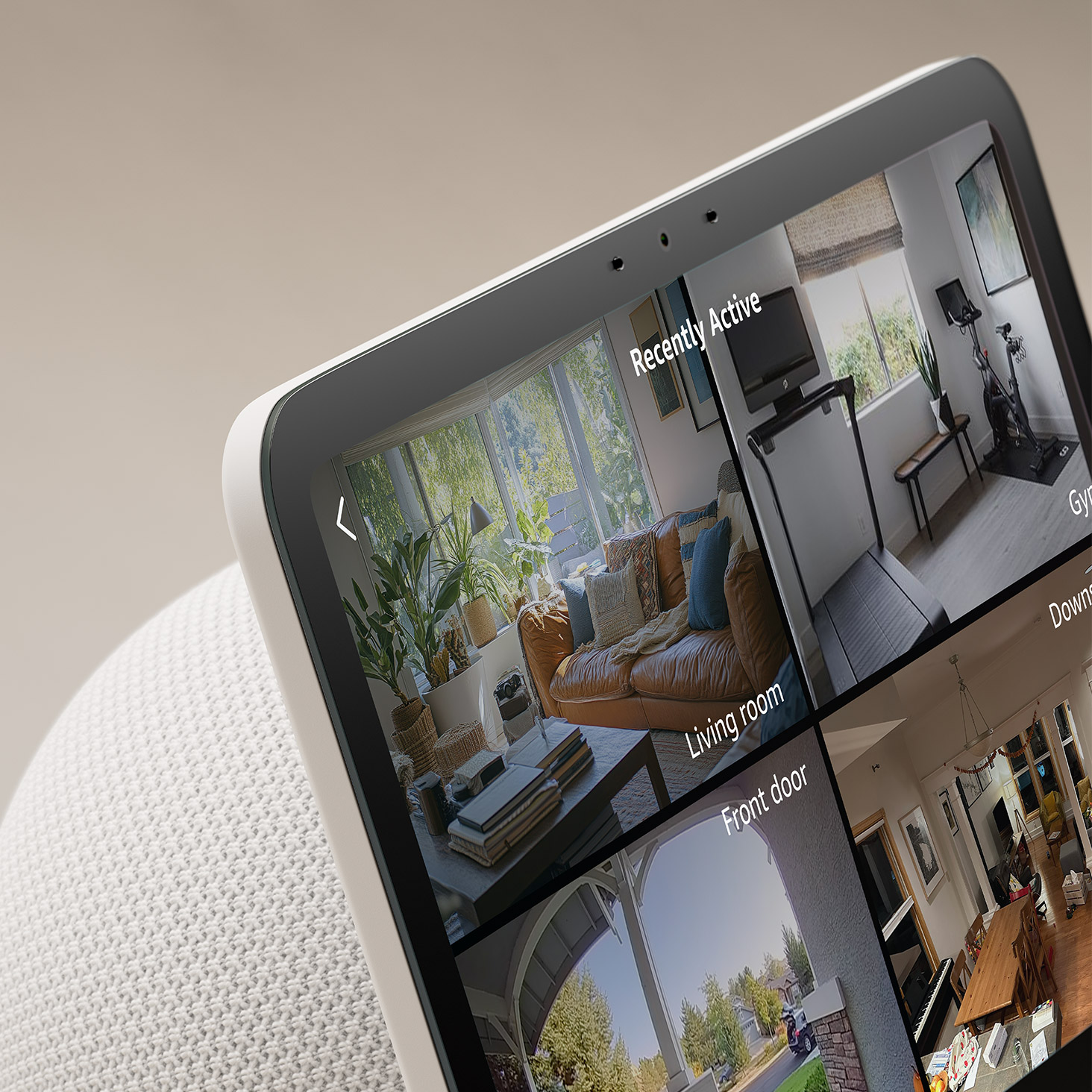 Echo Show 8 displaying a smart home interface with multiple room views including living room, front door, and gym areas. Text reads: "Recently Active" at the top of the screen.