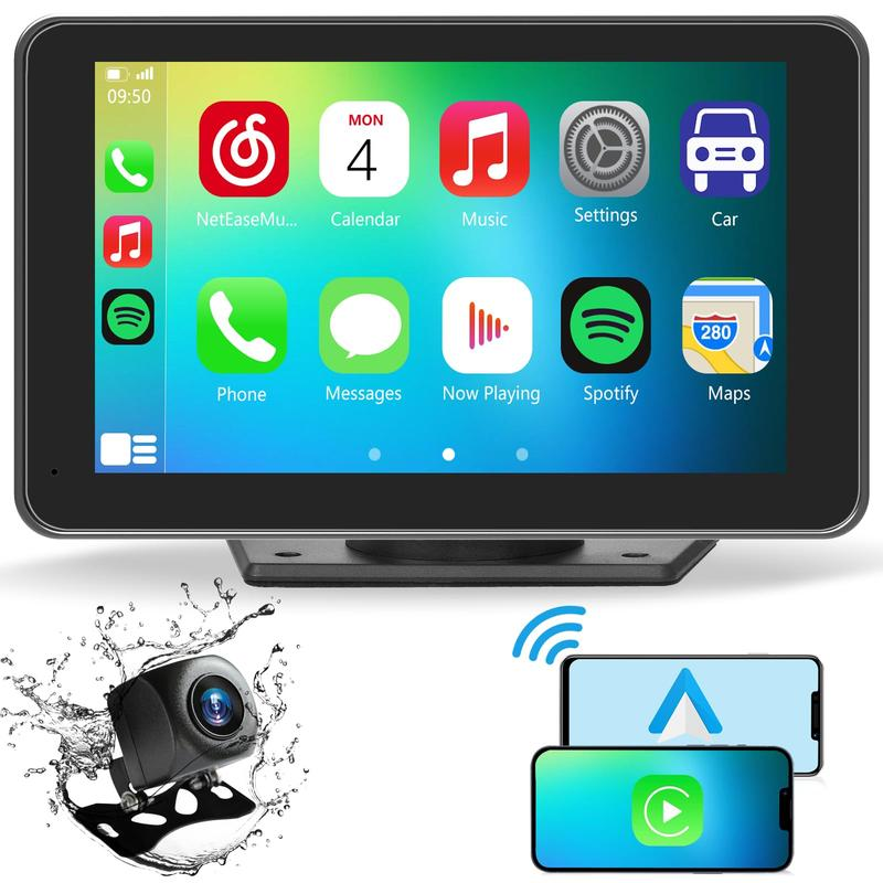PASLDA 7" Portable Wireless Carplay Screen for Car | Plug & Play Android Auto Car Stereo with Waterproof Backup Camera