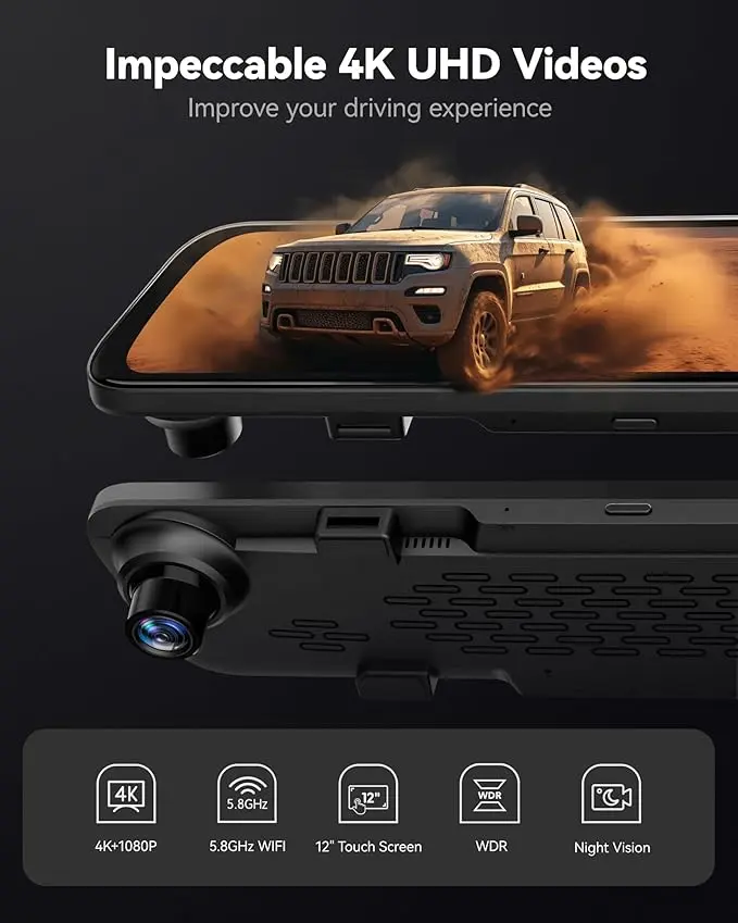 【Price Slash】WOLFBOX G840S 12" 4K Mirror Dash Cam with 5.8GHz WiFi & GPS Tracking, Dual Cameras, Night Vision, 32GB Card, 170° Front & 140° Rear Lenses, 24-Hour Parking Monitor, TikTokShopHolidayHaul - Automotive Video Recorder