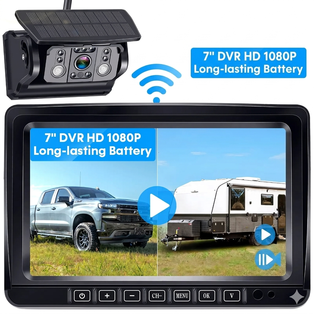 Dual RV Wireless Backup Camera for Trailer,Solar RV Rear View Camera with 7-inch Recording Monitor