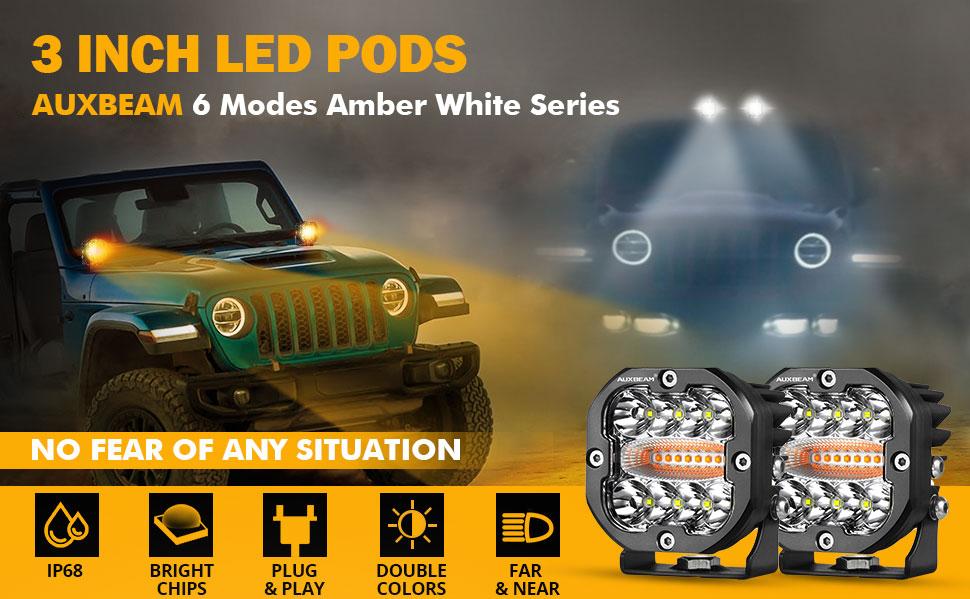 AUXBEAM X-PRO Series 3 Inch 6 Modes Dual Color LED Light Pods 96W Spot Flood Combo Amber White for Trucks Jeep IP68 Waterproof Offroad Driving Lights 2pcs Set LED Car Lights LED Work Lights outdoorfun Led Backlights fathersdaygift