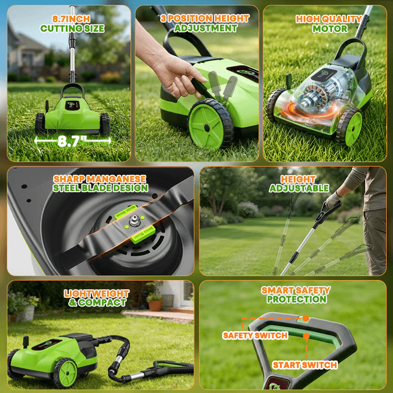 8.7-Inch   Small   Electric   Lawn   Mower   for   Yards   &   Gardens