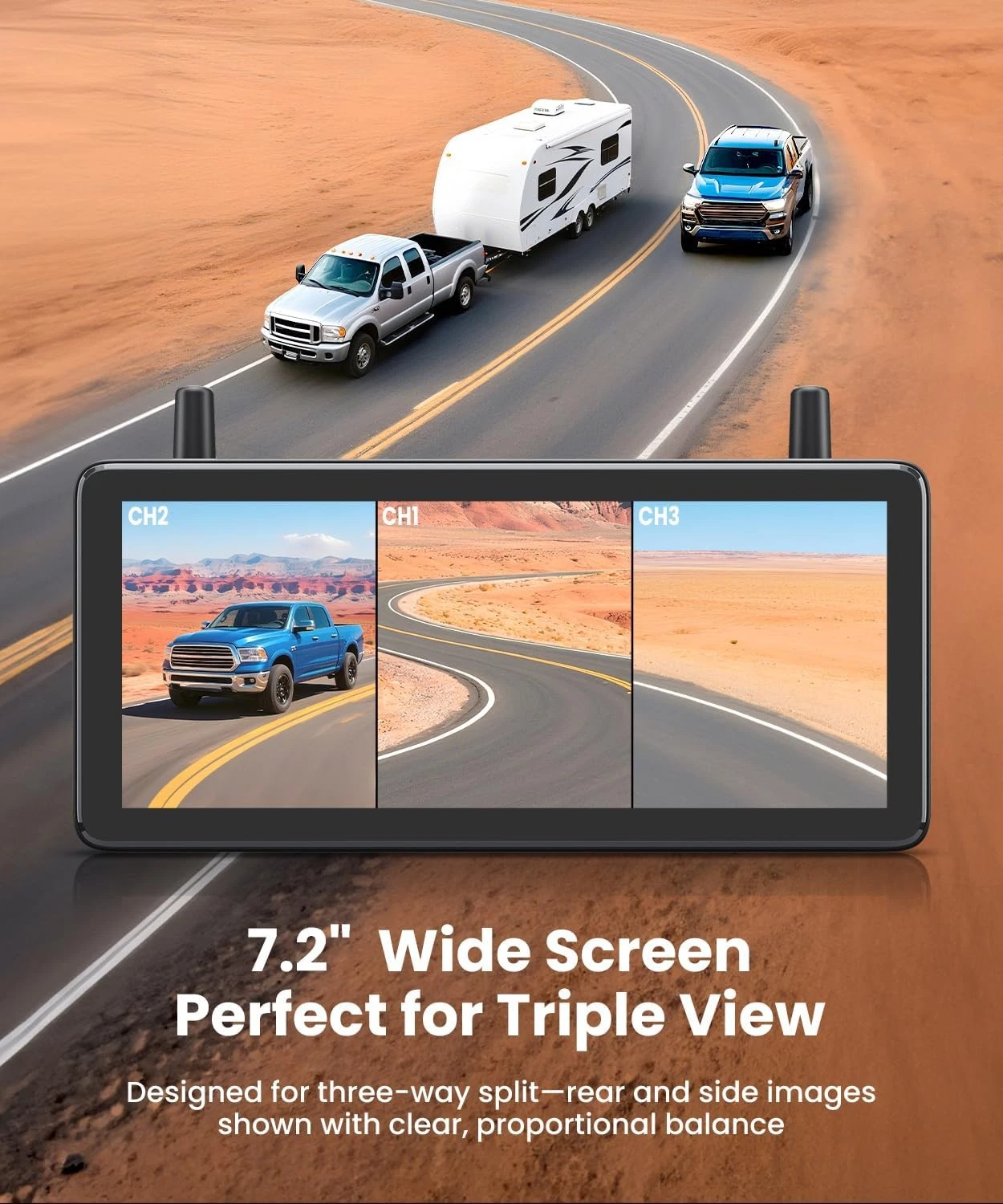 🚙WF4 Wireless Rear & Side View Camera 7.2" 1080P Triple-Split Screen Monitor