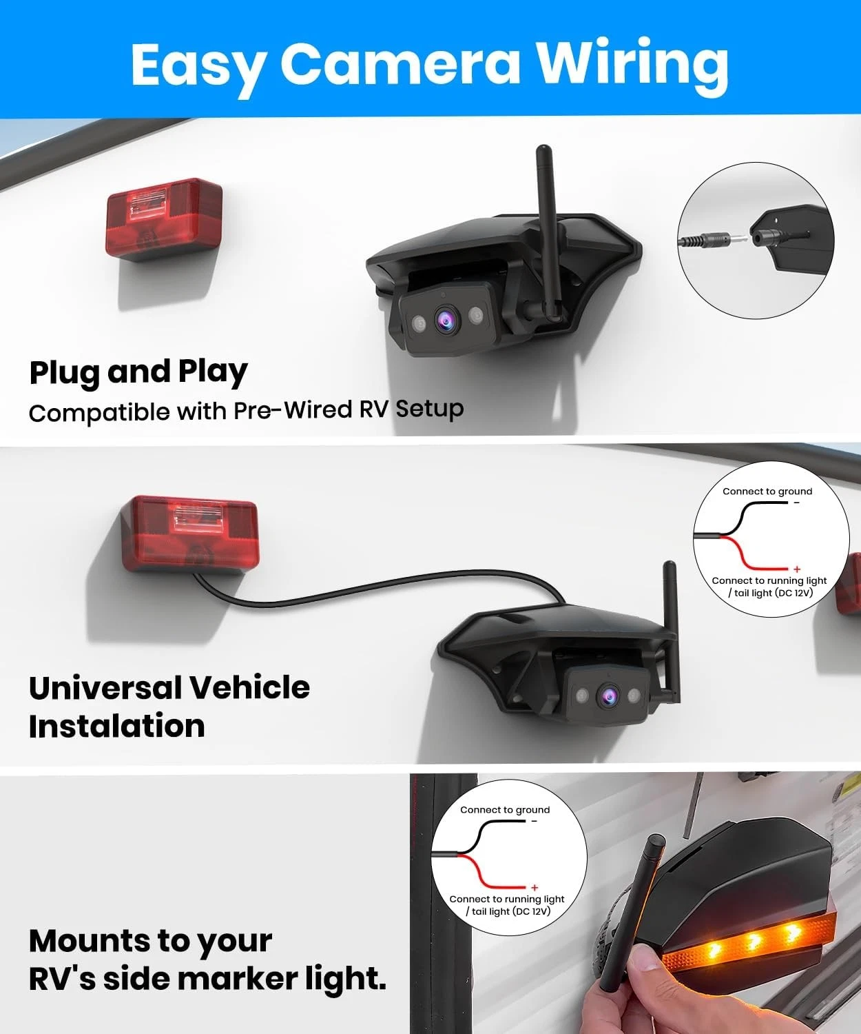 🚙WF4 Wireless Rear & Side View Camera 7.2" 1080P Triple-Split Screen Monitor