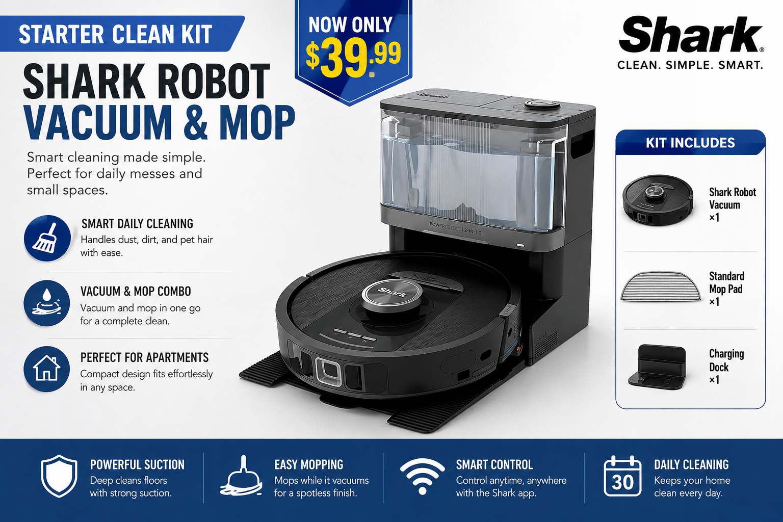 Shark Automatic Robotic Vacuum Cleaner (includes floor cleaning solution and filter base)