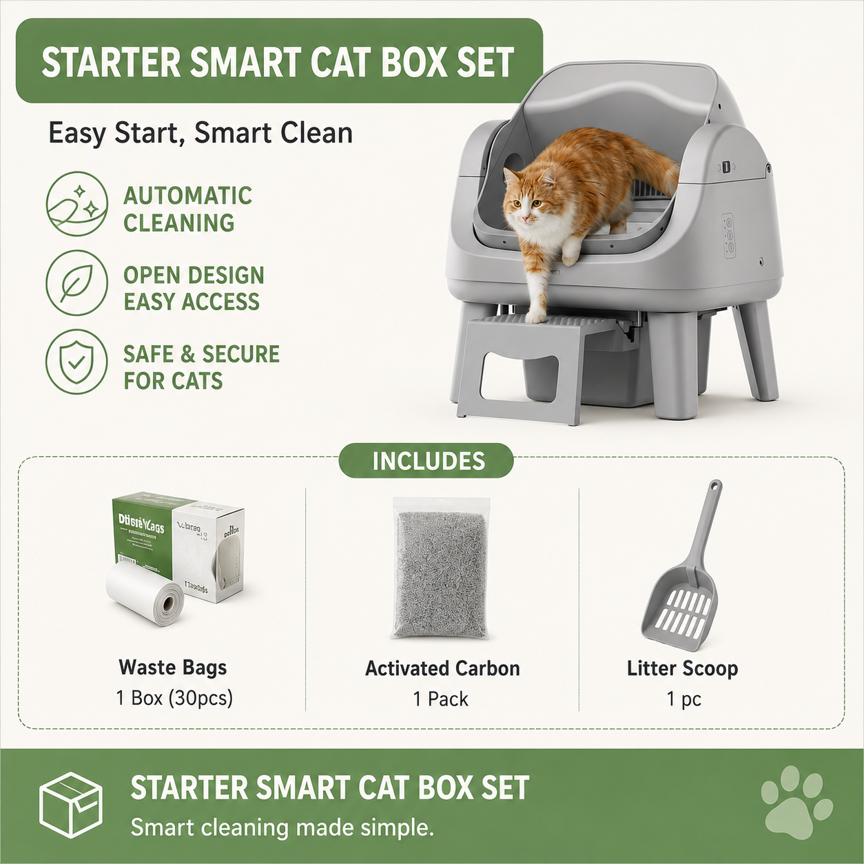 Spring Sale — Open-Style Automatic Self-Cleaning Litter Box — Equipped with 7 Pairs of Safety Sensors