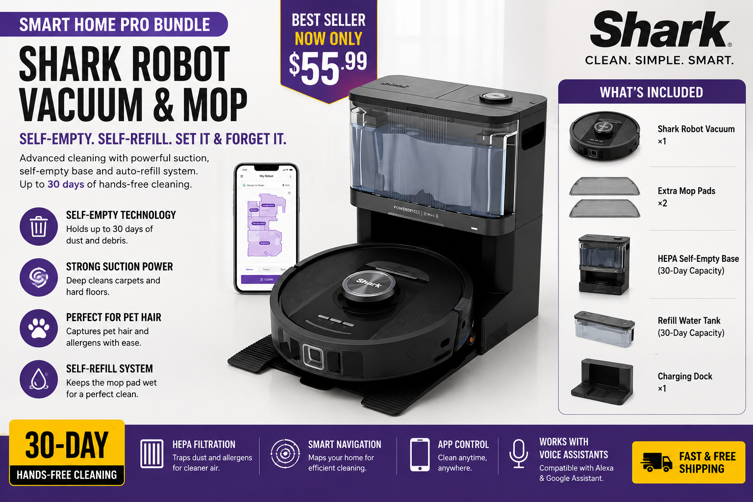 Shark Automatic Robotic Vacuum Cleaner (includes floor cleaning solution and filter base)
