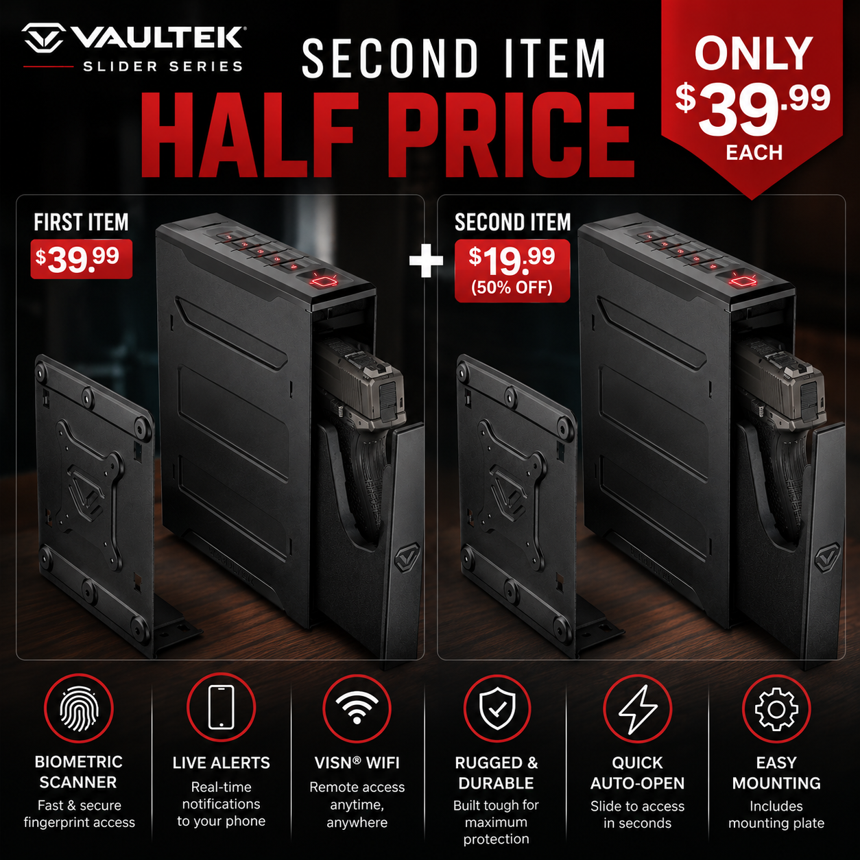 Limited-time discount - VAULTEK Smart Handgun Safe: Quick-opening, automatic sliding door handgun safe with biometric scanner, real-time alarm and mounting plate (biometrics + ViSN WiFi).