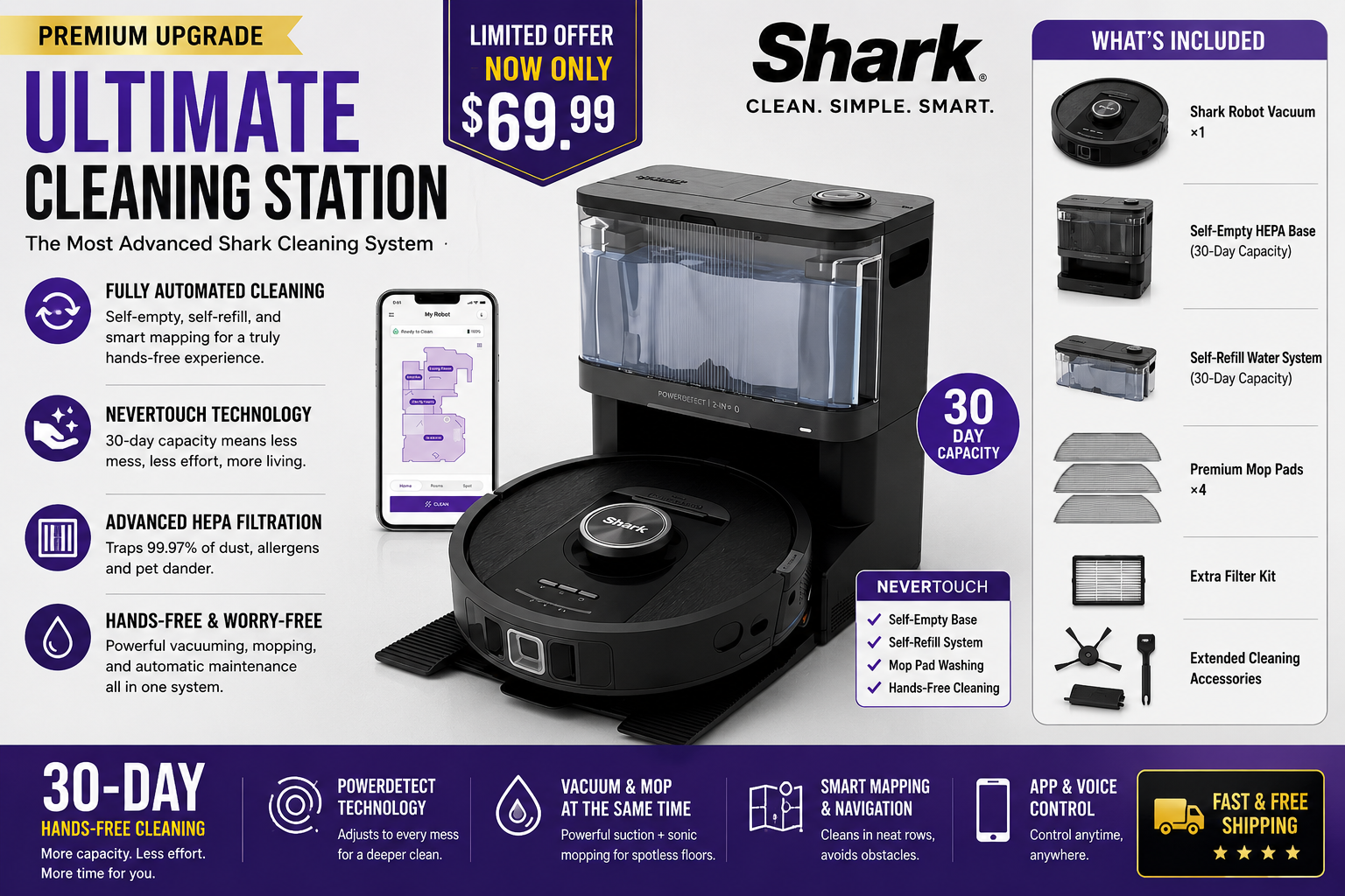 Shark Automatic Robotic Vacuum Cleaner (includes floor cleaning solution and filter base)