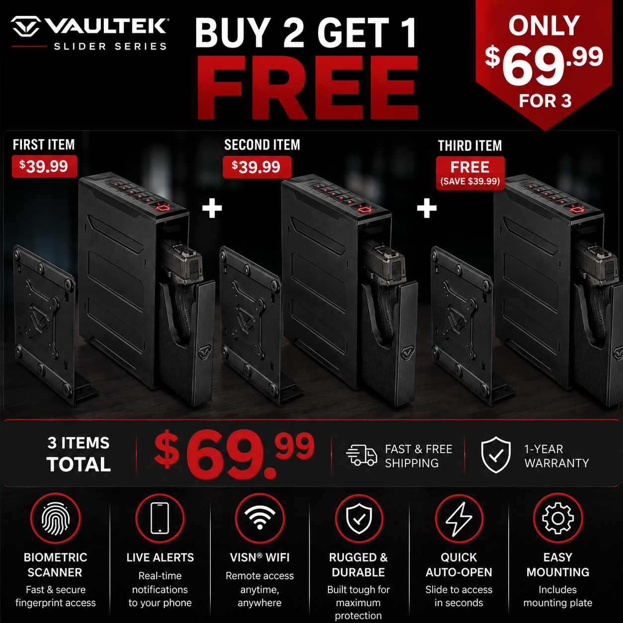 Limited-time discount - VAULTEK Smart Handgun Safe: Quick-opening, automatic sliding door handgun safe with biometric scanner, real-time alarm and mounting plate (biometrics + ViSN WiFi).
