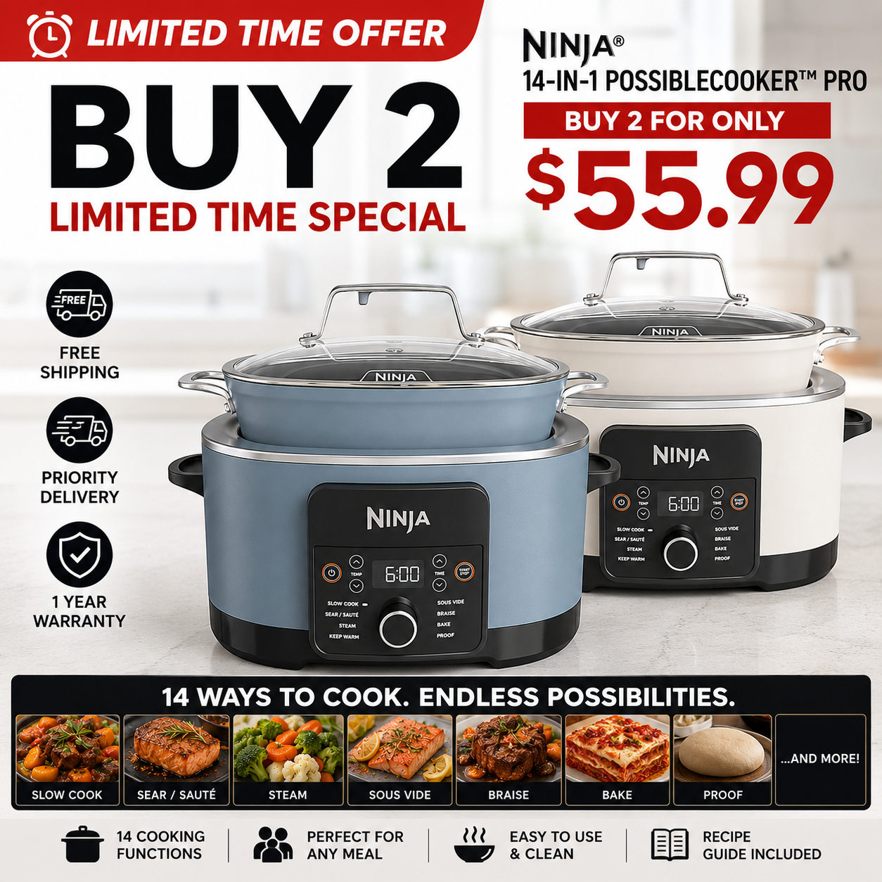 🎉🎉Limited-Time Offer🔥Ninja® 14-in-1 Multi-Function Cooker™ PRO | 8.5 quart, combining sous vide, fermentation, baking, and steaming functions | Slow cooker, Dutch oven | Glass lid and integrated spoon