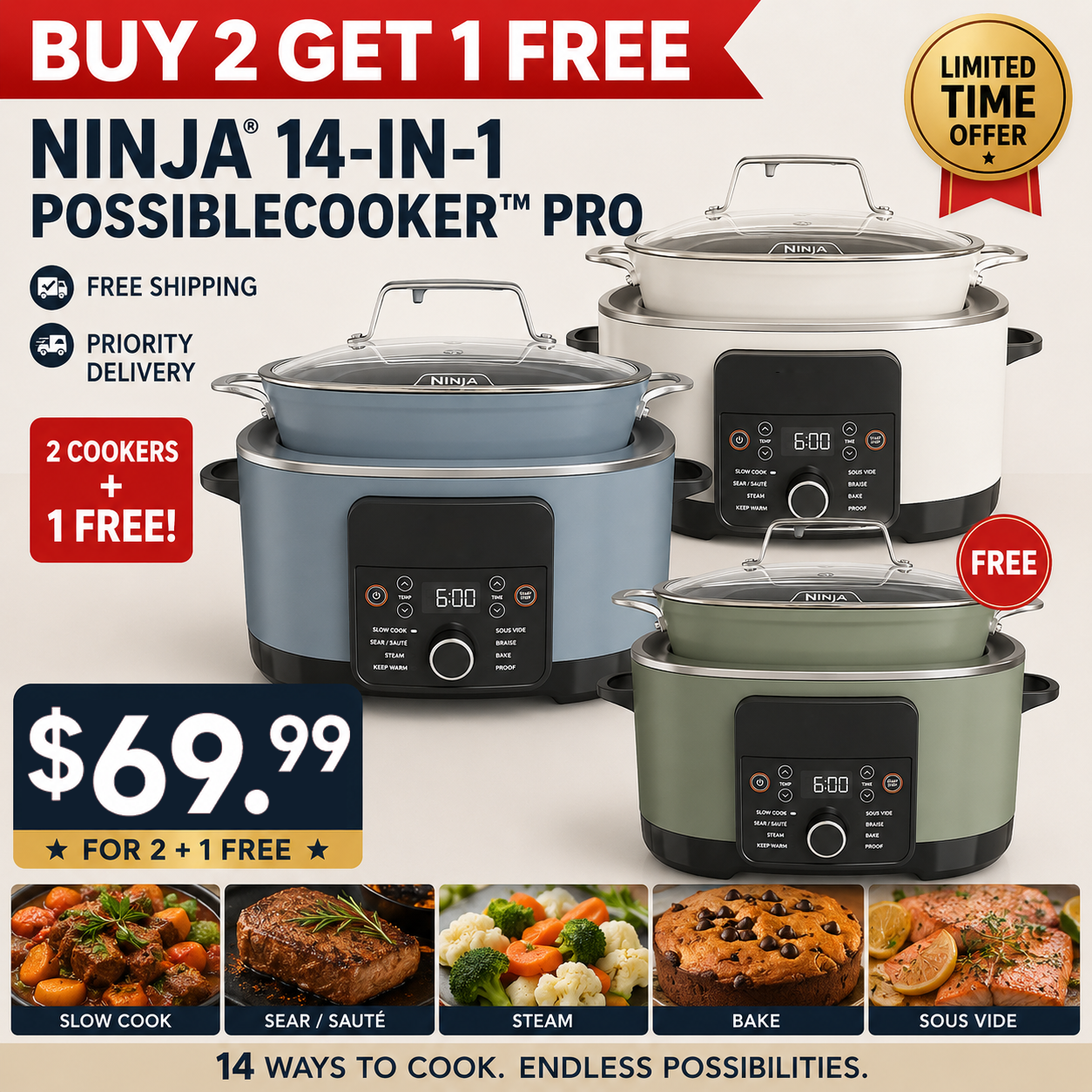 🎉🎉Limited-Time Offer🔥Ninja® 14-in-1 Multi-Function Cooker™ PRO | 8.5 quart, combining sous vide, fermentation, baking, and steaming functions | Slow cooker, Dutch oven | Glass lid and integrated spoon