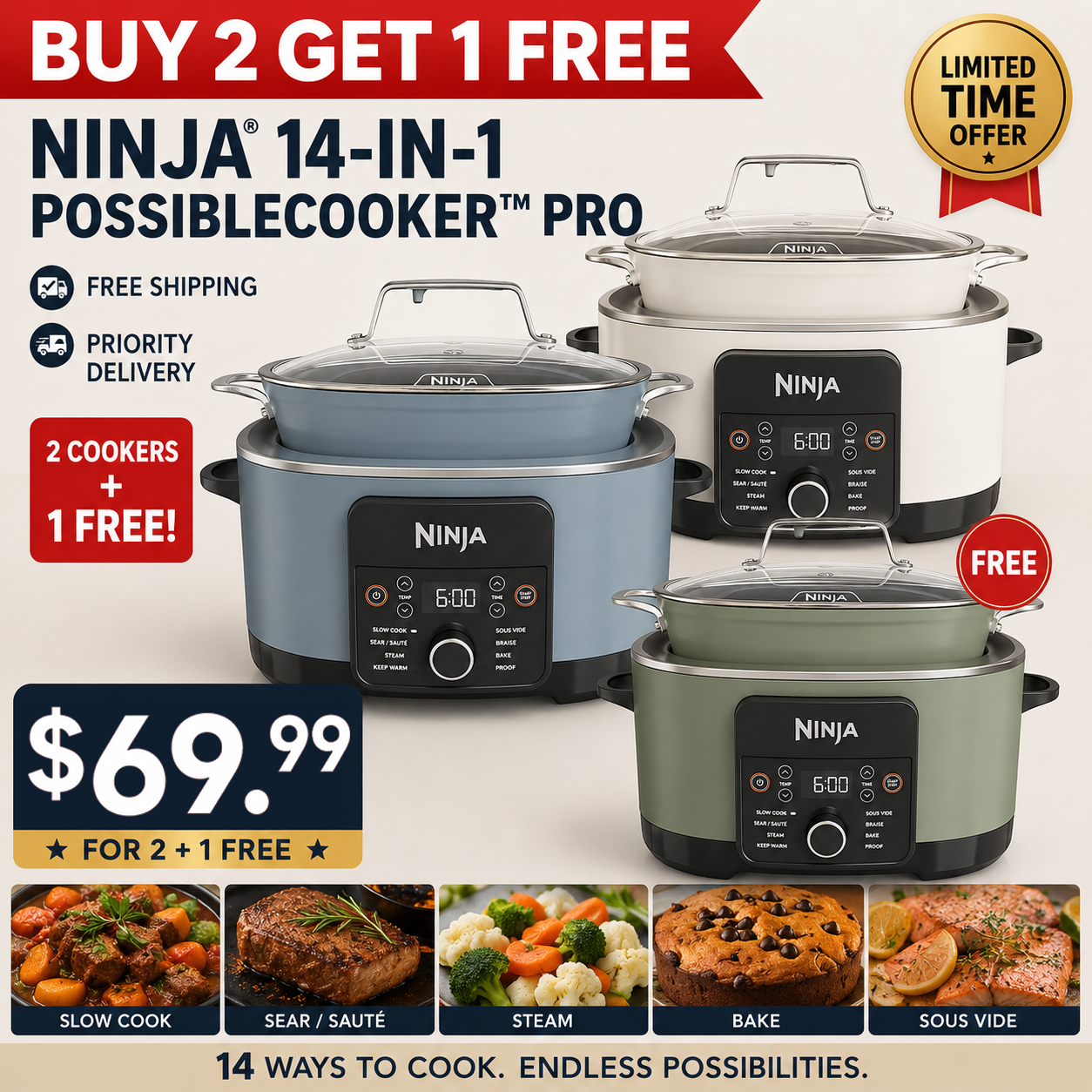 🎉🎉Limited-Time Offer🔥Ninja® 14-in-1 Multi-Function Cooker™ PRO | 8.5 quart, combining sous vide, fermentation, baking, and steaming functions | Slow cooker, Dutch oven | Glass lid and integrated spoon