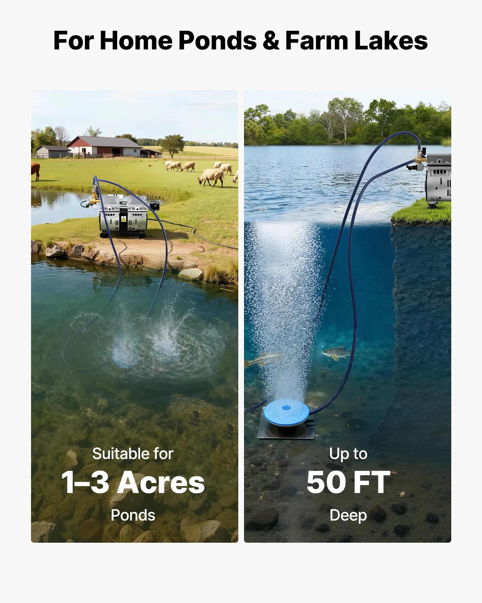 💥 [Limited Time Deal] VEVOR 3/4 HP Pond Aerator Kit, Complete 5.2 CFM Lake Aeration Pump System up to 3 Acres for Complete Oxygen Circulation