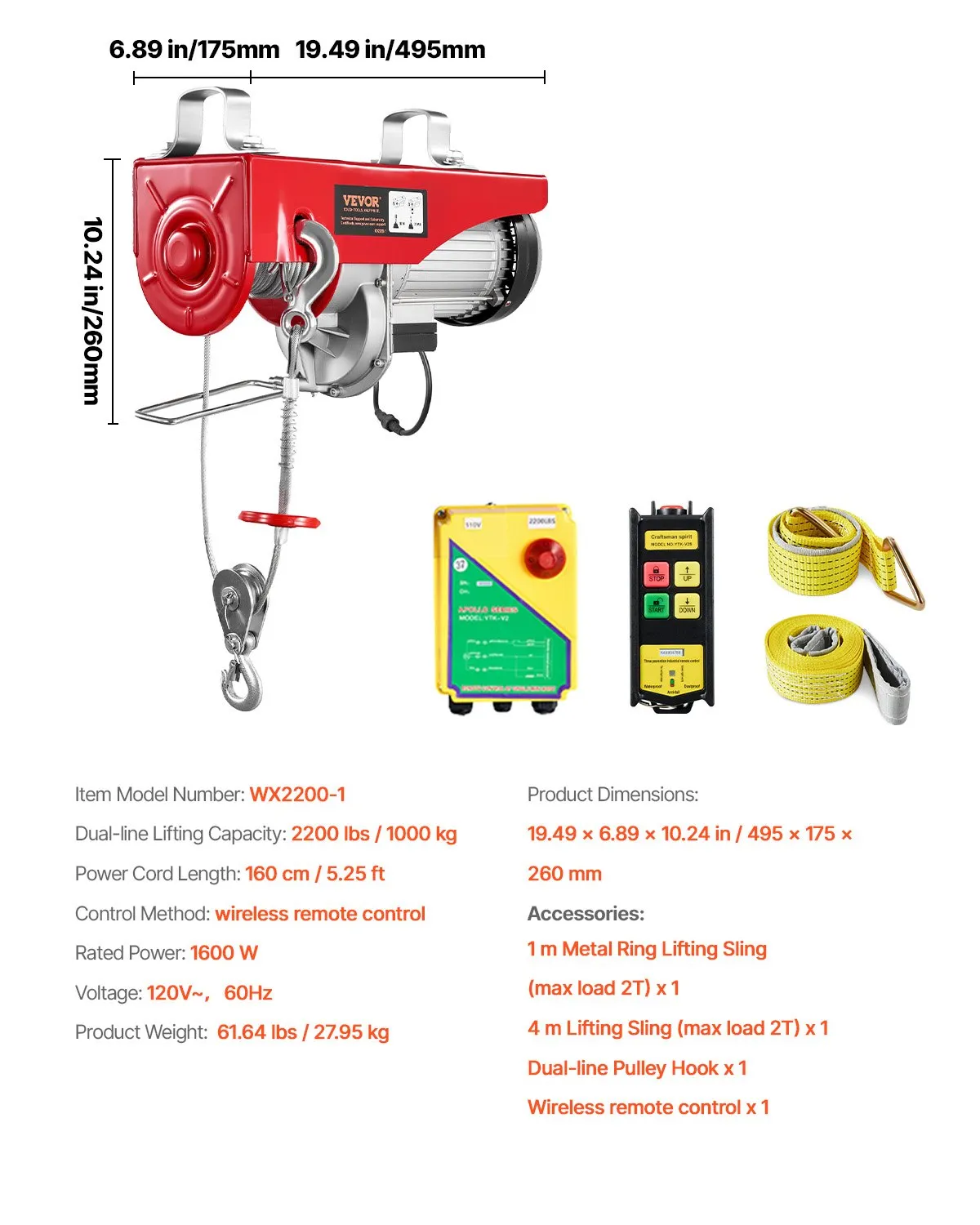 VEVOR 2200 lbs Wireless Attic Lift, 1600W 110V Electric Hoist with Wireless Remote Control, 40ft Single Cable Lifting Height & High-quality Motor, for Garage Warehouse Factory