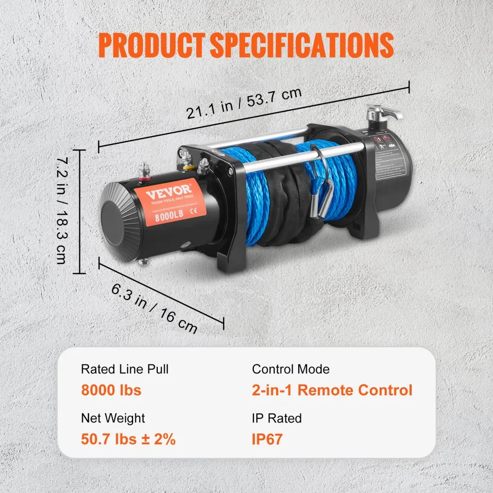 Flash Sale - 12V 8000 lb Load Capacity Nylon Rope Winch