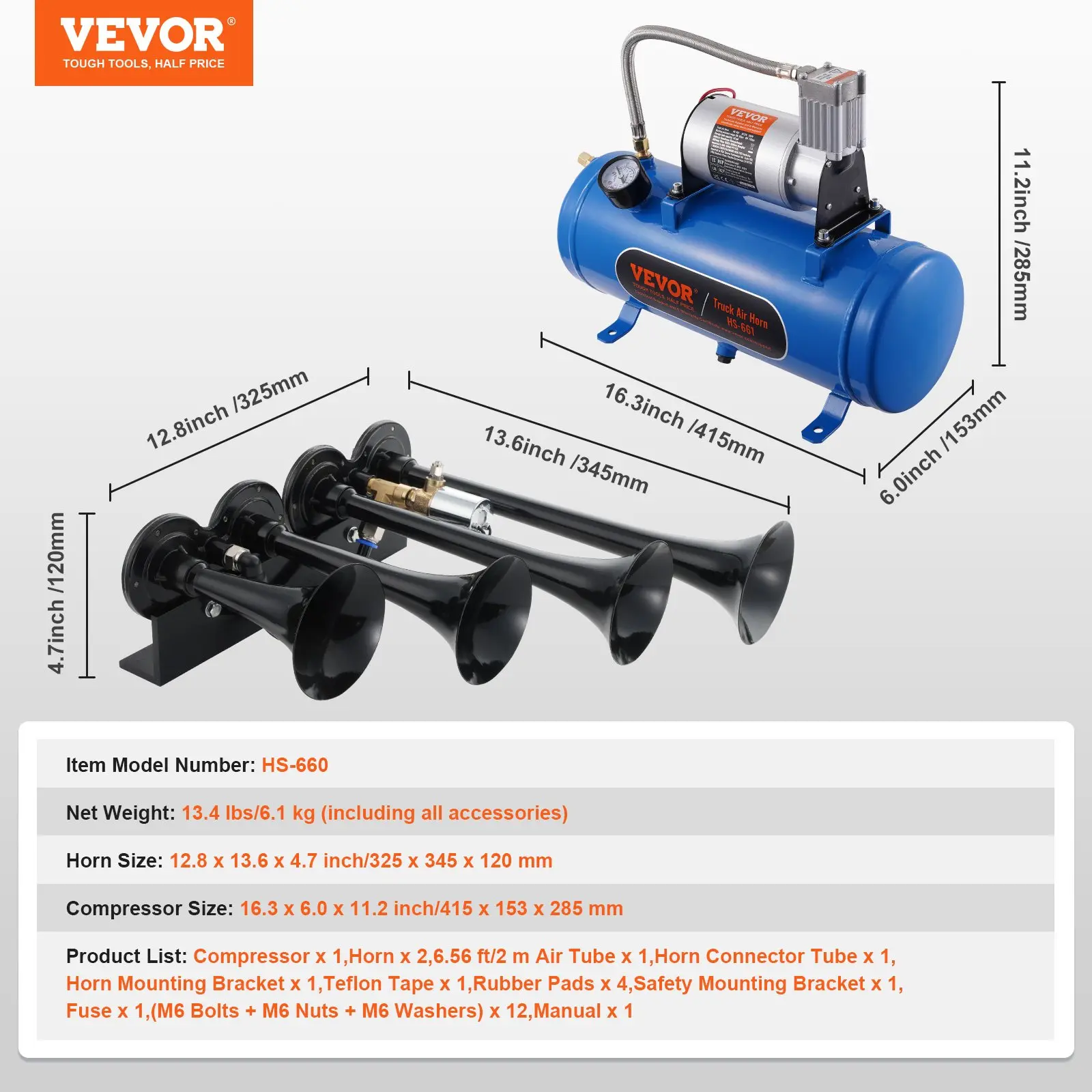 VEVOR Train Air Horn Kit (4 Trumpets, 150dB; for 12V vehicles like pickups, trucks, vans, boats, etc.)