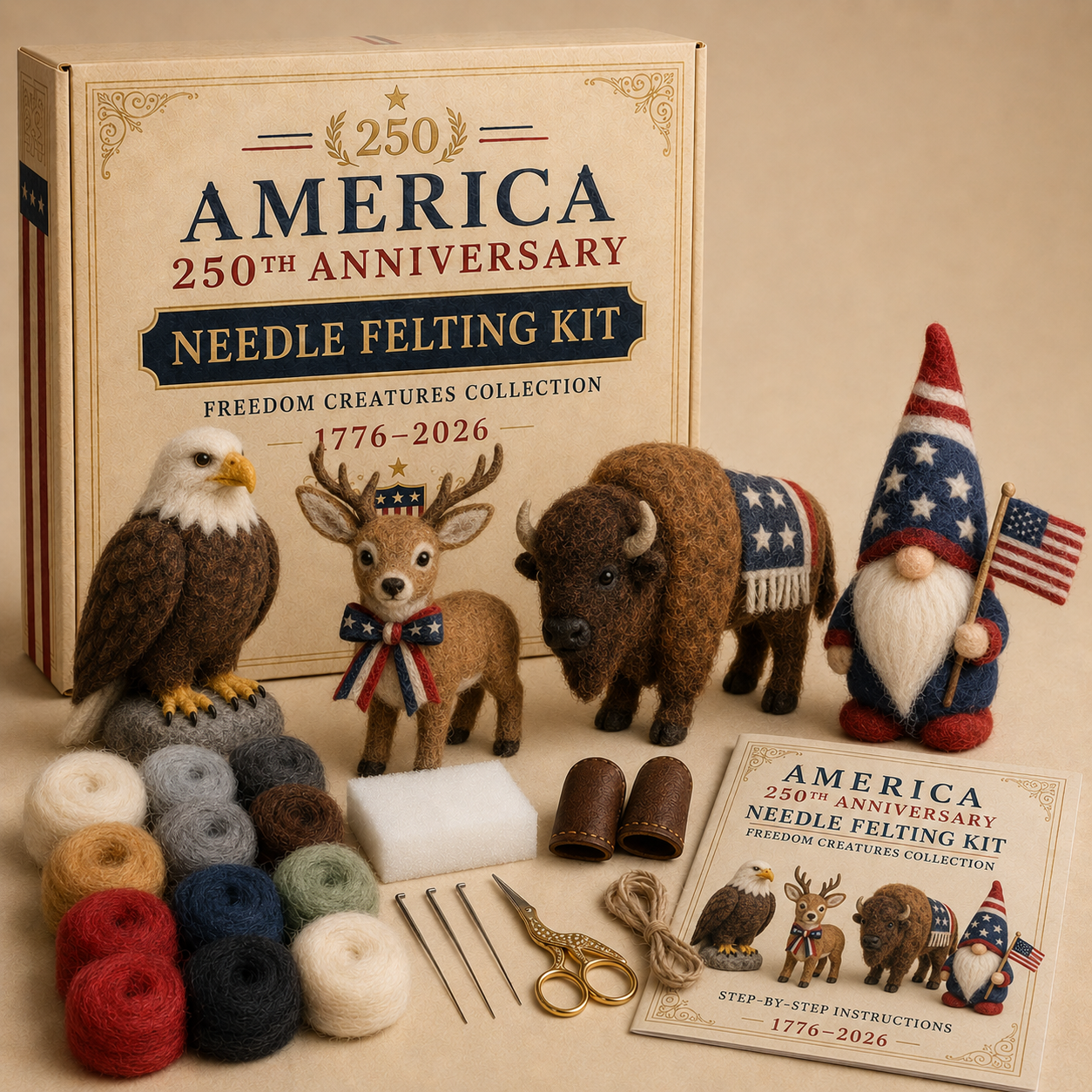 America 250 Needle Felting Kit Set – 4-Piece Patriotic Animal DIY Craft Collection