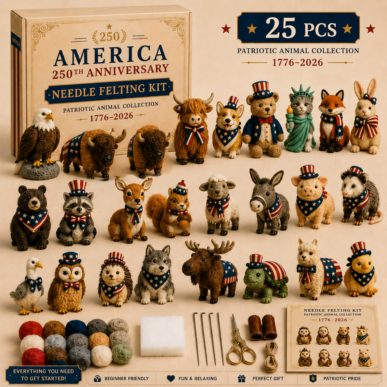 America 250 Needle Felting Kit Set – 4-Piece Patriotic Animal DIY Craft Collection