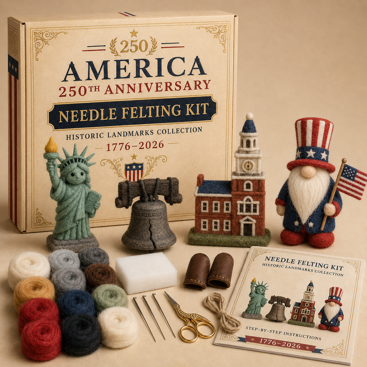 America 250 Needle Felting Kit Set – 4-Piece Patriotic Animal DIY Craft Collection