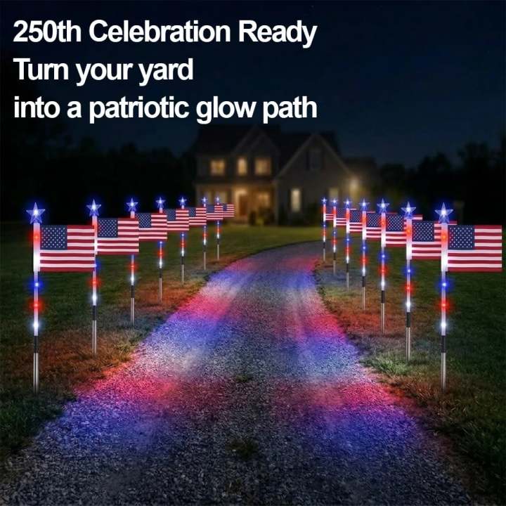 8 Solar American Flag Pathway Lights – Red, White & Blue Yard Glow for 250th Independence Celebration 🇺🇸✨