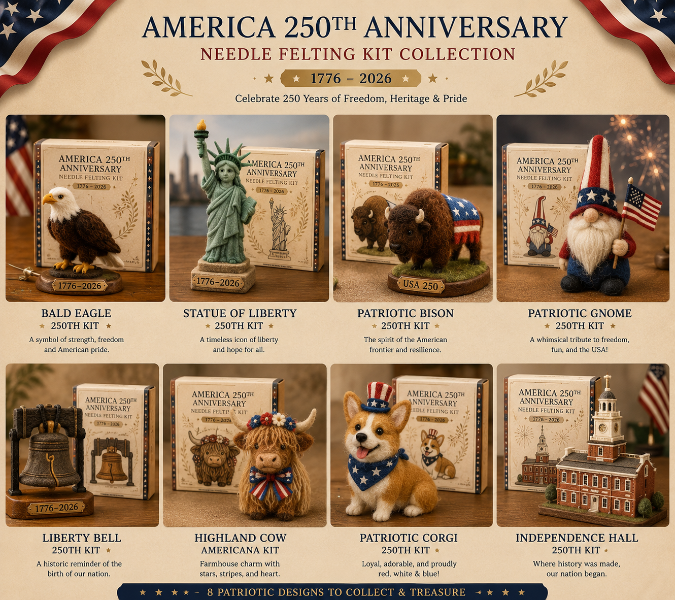 America 250 Needle Felting Kit Set – 4-Piece Patriotic Animal DIY Craft Collection