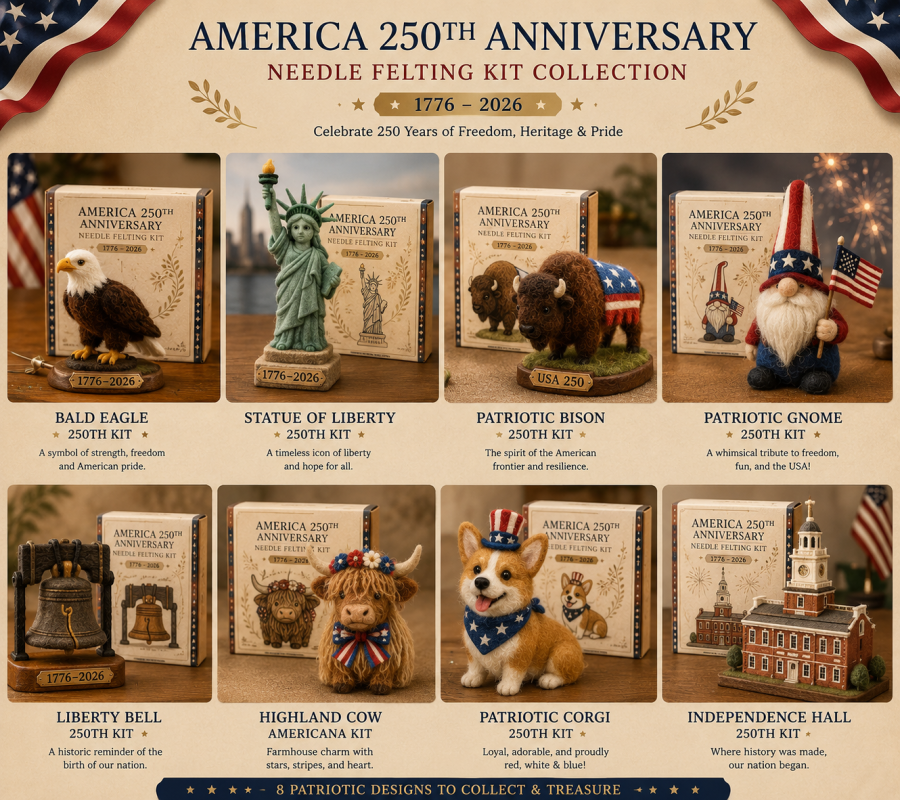 America 250 Needle Felting Kit Set – 4-Piece Patriotic Animal DIY Craft Collection