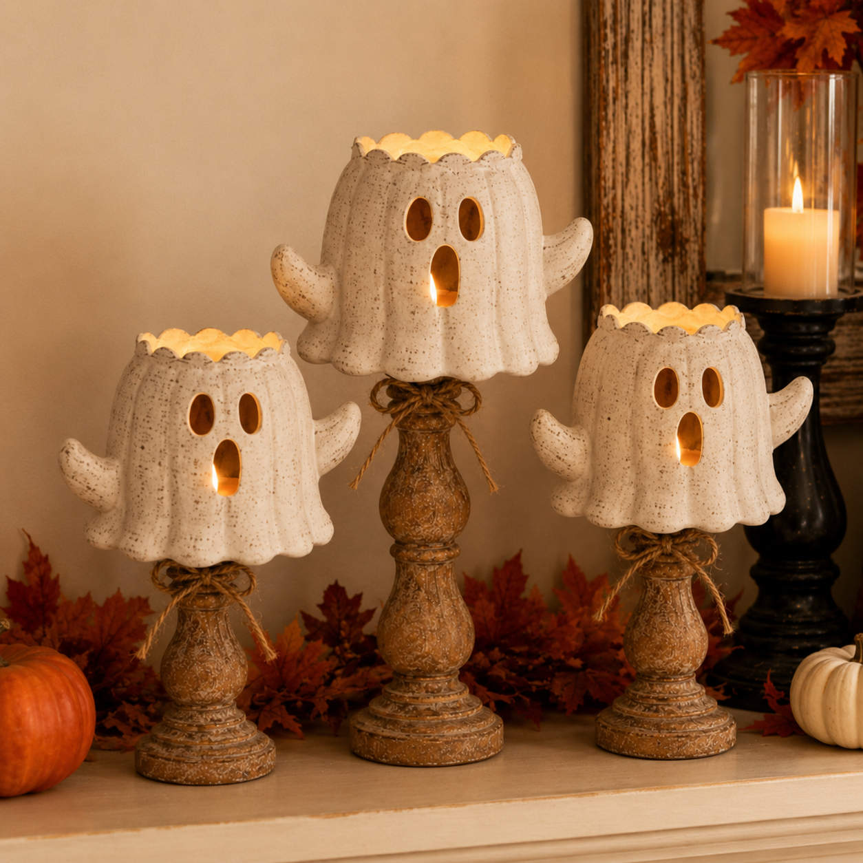 Rustic White Pumpkin Tealight Candle Holder Set of 3