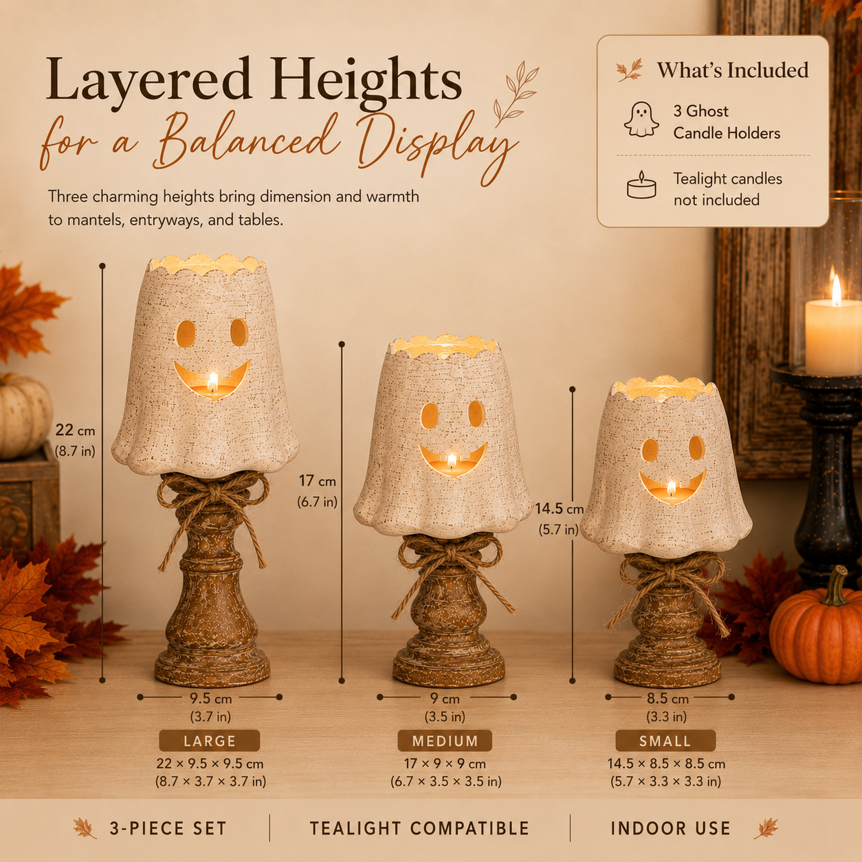 Rustic White Pumpkin Tealight Candle Holder Set of 3