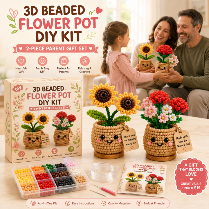3D Beaded Flower Pot DIY Gift Kit – Handmade Keepsake for Parents, Grandparents, Teachers & Little Friends