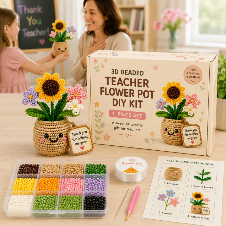 3D Beaded Flower Pot DIY Gift Kit – Handmade Keepsake for Parents, Grandparents, Teachers & Little Friends